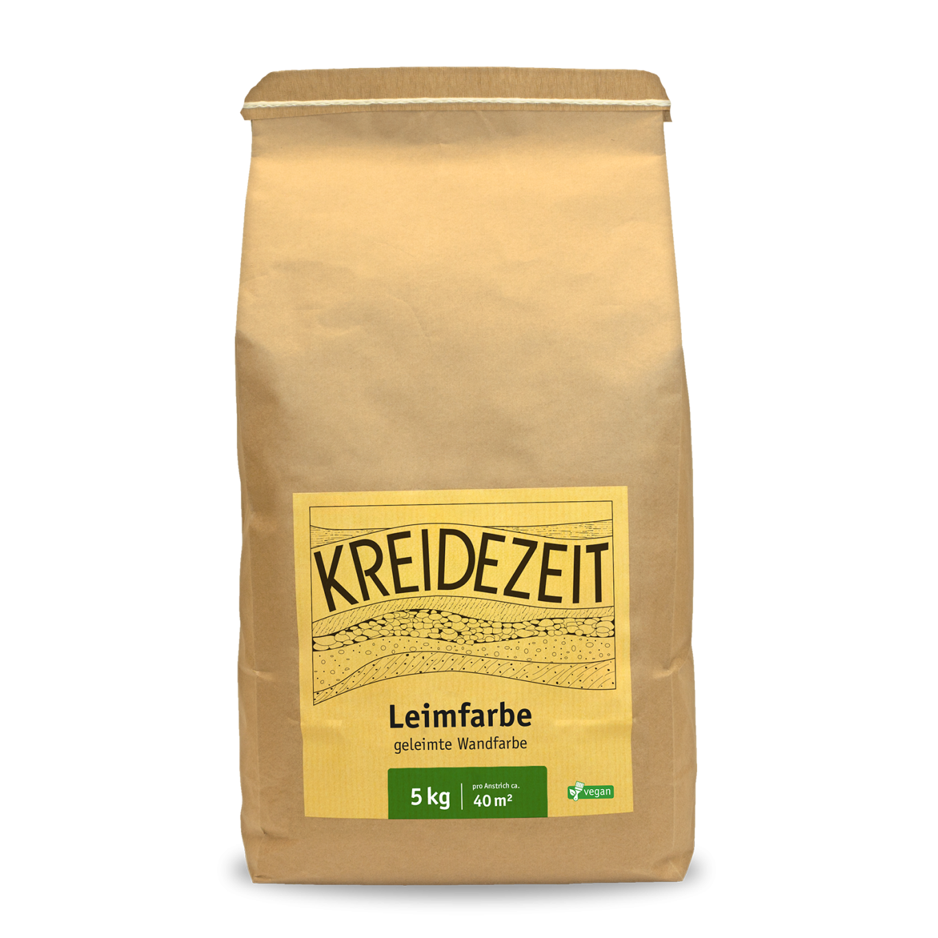 Leimfarbe Braune Papierverpackung mit gelbem Etikett für 1,5 kg Kreidezeit Leimfarbe.