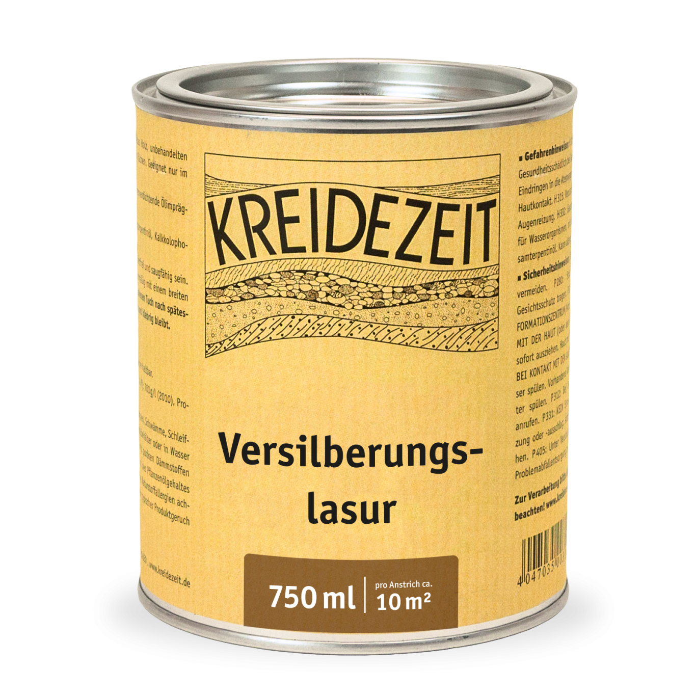 Versilberungslasur Farbton "Versilberungs-Lasur" in einer 750 ml Dose mit Holzstruktur-Design.