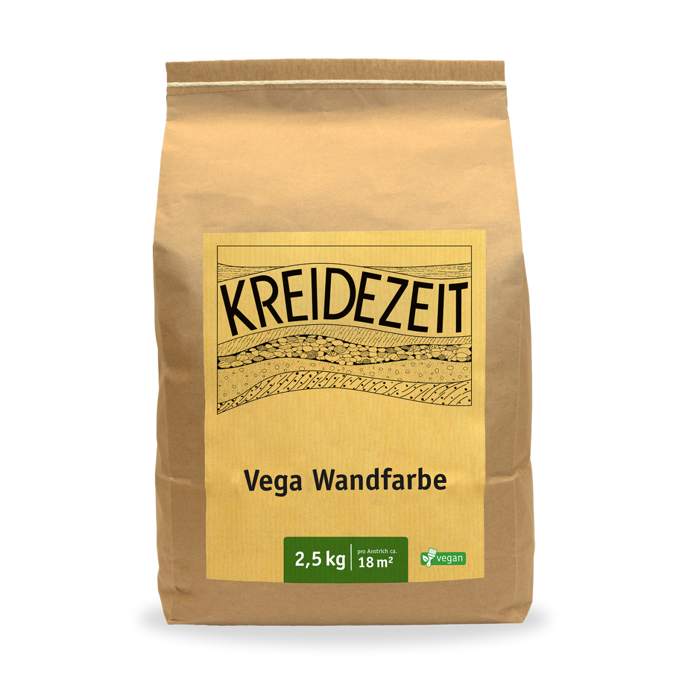 Vega Wandfarbe Braune Verpackung mit der Aufschrift "KREIDEZEIT Vega Wandfarbe" und 2,5 kg Inhalt.