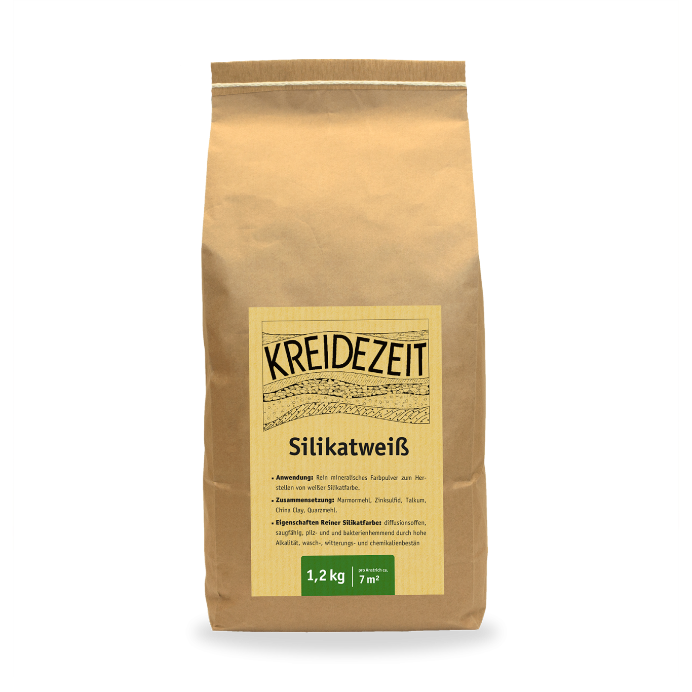 Silikatfarbe Braune Papiertüte mit Kreidezeit-Logo und Informationen über Silikatweiß.