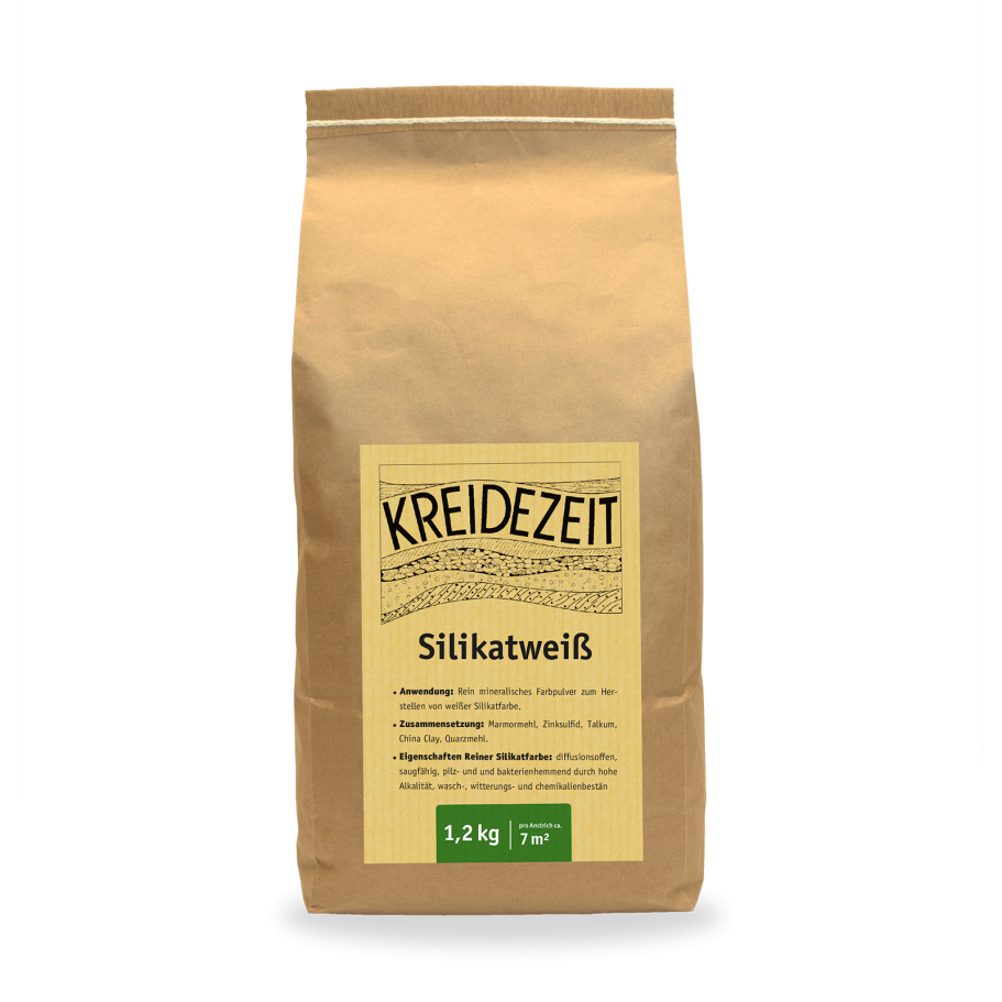 Silikatfarbe Braune Papiertüte mit Kreidezeit-Logo und Informationen über Silikatweiß.