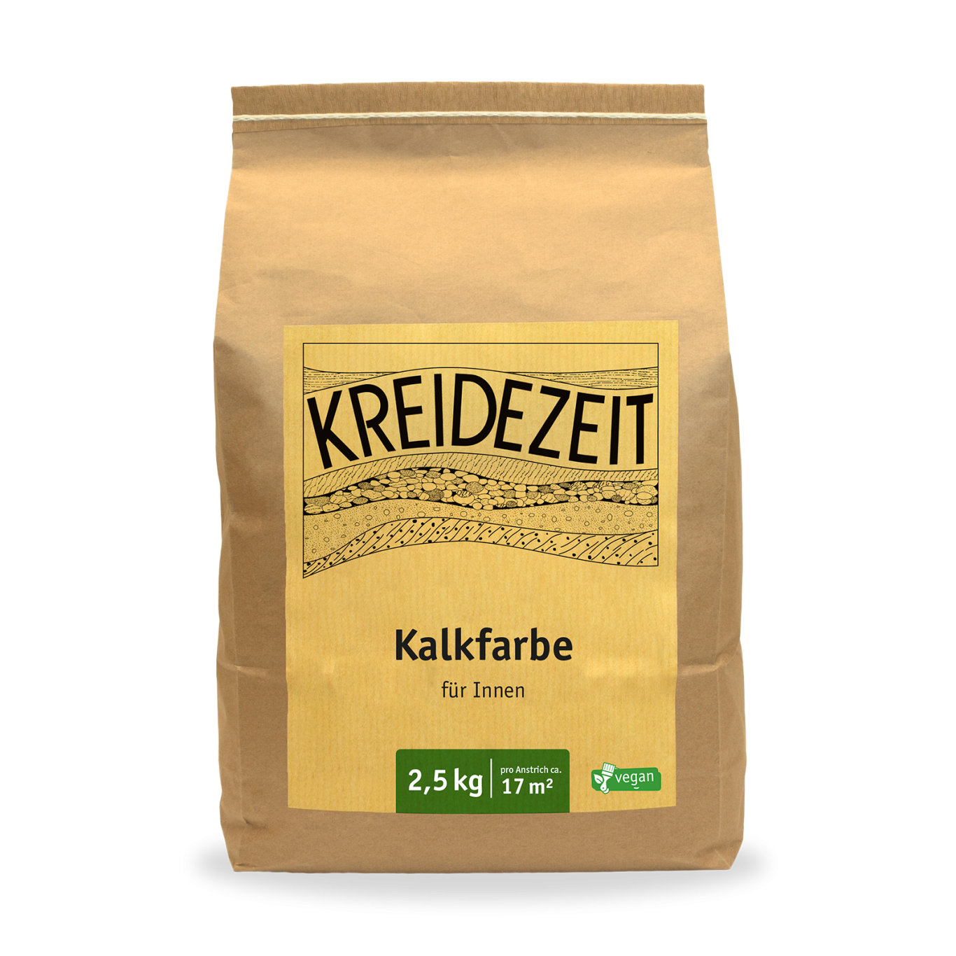 Kalkfarbe Braune Papiertüte mit Kreidefarbe, 2,5 kg, handschriftlicher Beschriftung.