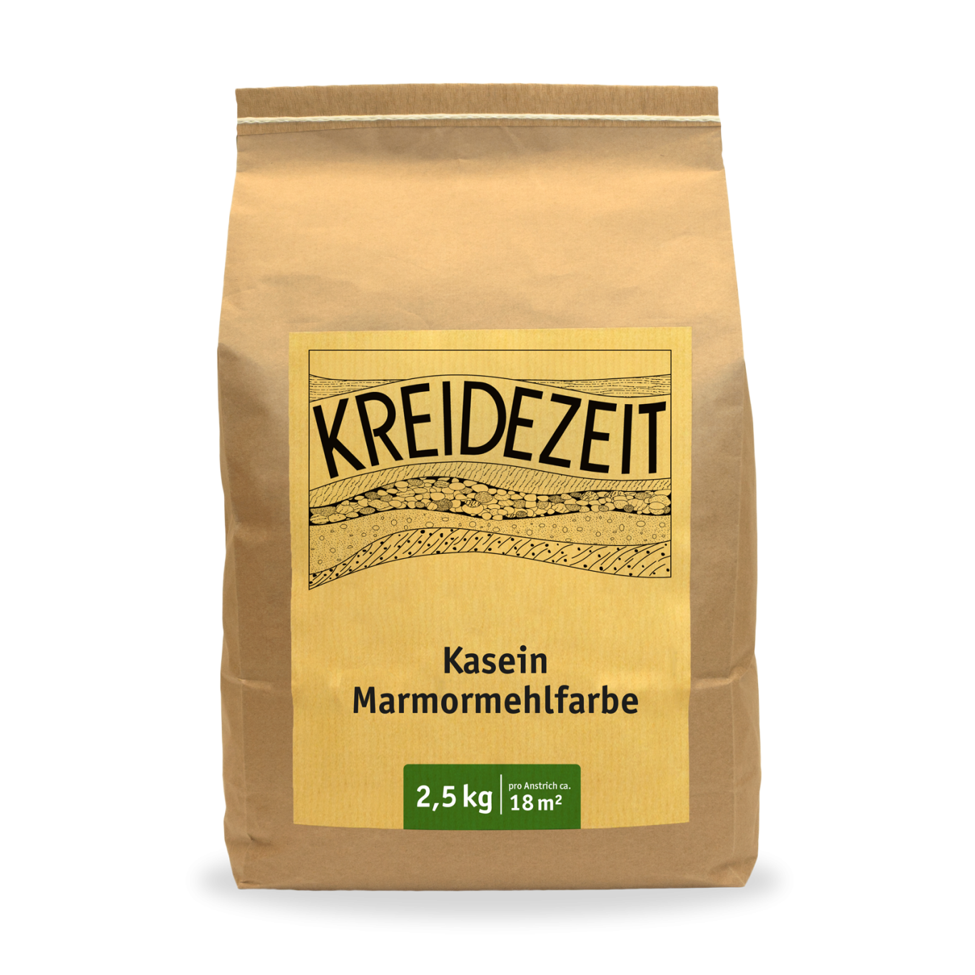 Kasein Marmormehlfarbe Braune Papiertüte mit der Aufschrift "KREIDEZEIT" und Kasein Marmormehlfarbe.