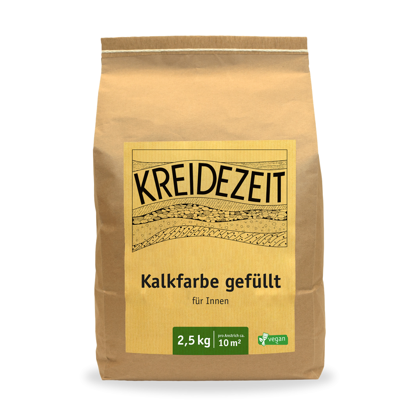 Kalkfarbe gefüllt Braune Papiertüte mit Kalkfarbe, 2,5 kg, beschriftet mit "KREIDEZEIT".