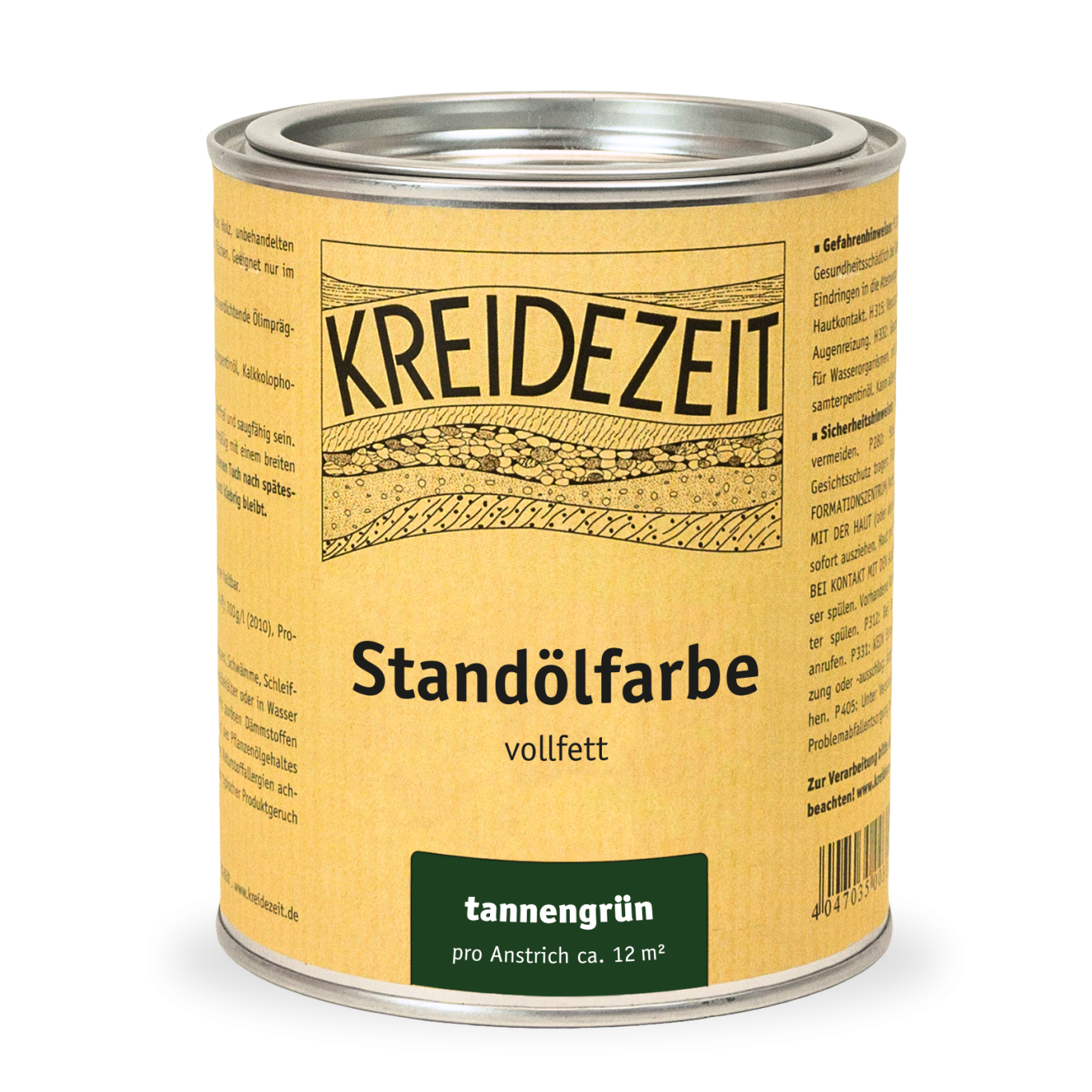 Standölfarbe Dose mit Standöl-Farbe in Kanne, farblich in Tannengrün, mit gelbem Etikett.
